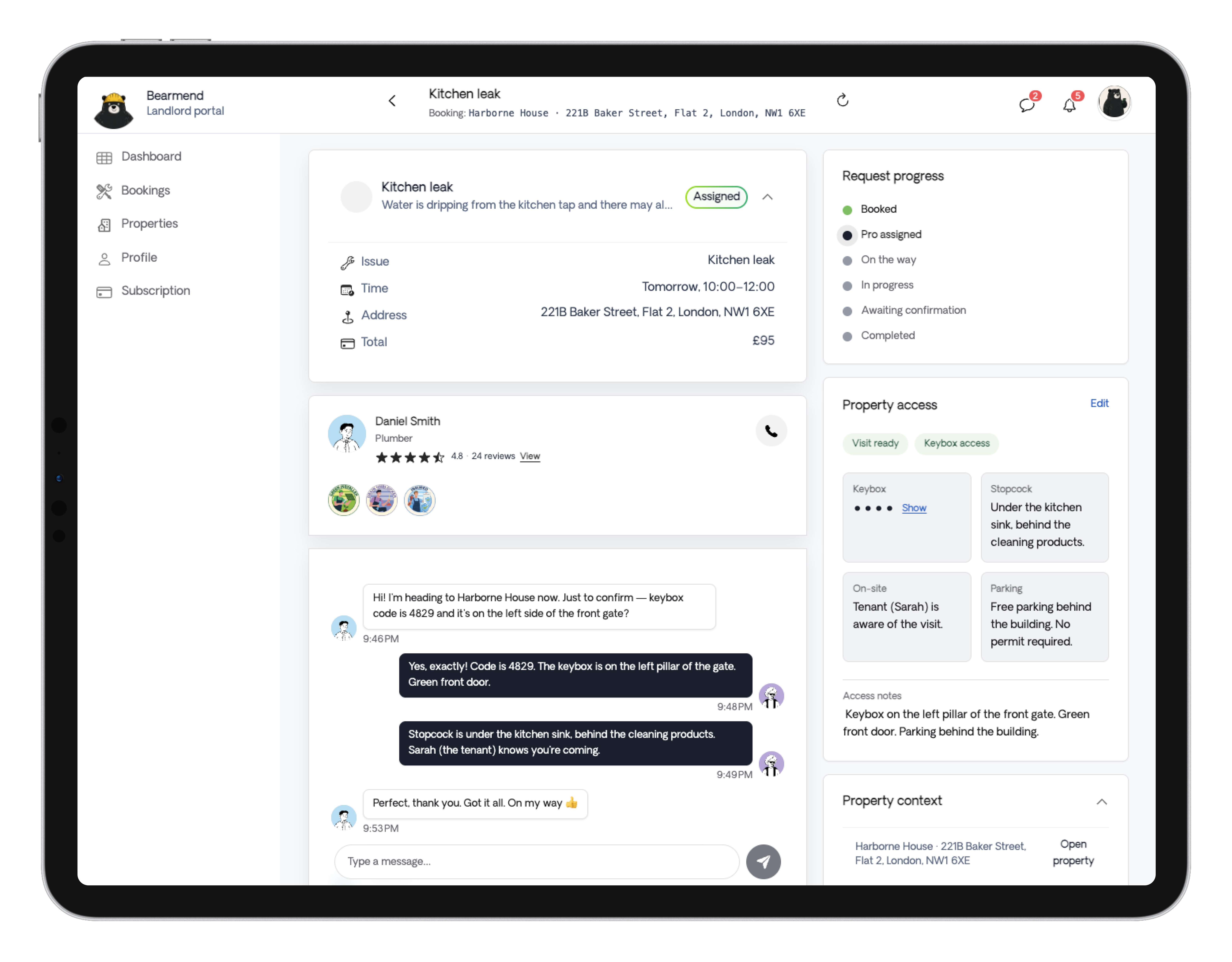 Bearmend request details and status screen